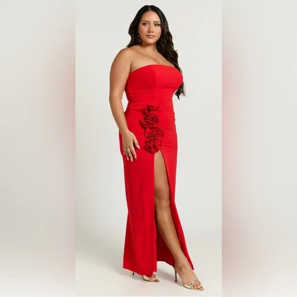 chinese dress ladies Women Plus Size Solid Red Off-Shoulder Neck Cold-Shoulder Sleeve Thigh-High  Slit Flared Maxi Dress